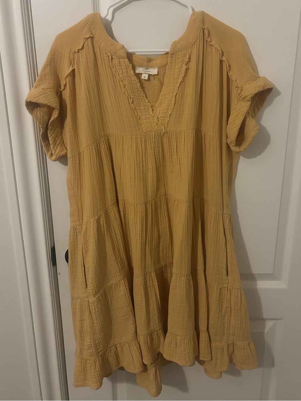entro Mustard Yellow Tiered Gauze V-Neck Short Sleeve Dress